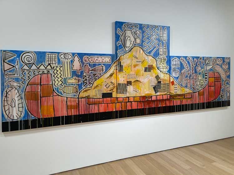 Jaune Quick-to-See Smith, Trade Canoe: Turtle Island, 2024-25. Installation view, Fruitmarket, Edinburgh, 7 November 2025 – 1 February 2026. Photo: Veronica Simpson.