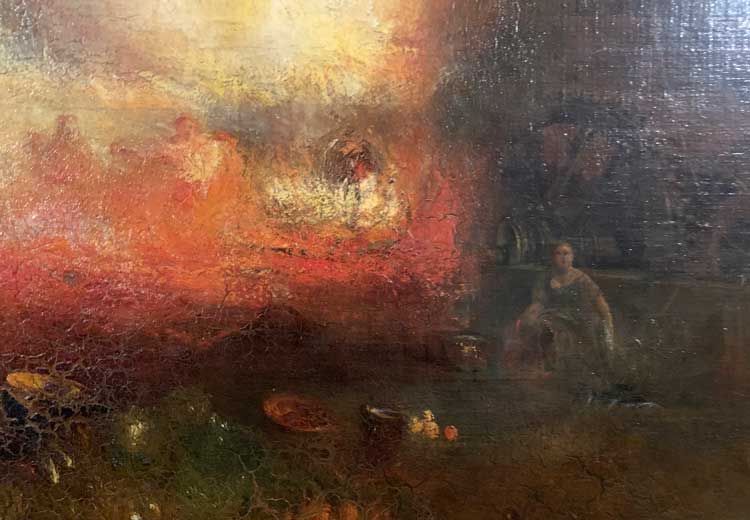 JMW Turner, The Hero of a Hundred Fights, c1800–10, reworked and exhibited 1847 (detail). Installation view, Shadowscapes: Heaney, JMW Turner and Quantum, Orleans House Gallery, London. Photo: Bronac Ferran.