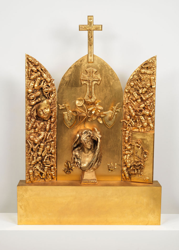 Niki de Saint Phalle, Autel doré (Golden Altar), 1962 – 1995. Gold bronze and varnish, elements bathed in gold bronze, 160 x 111 x 17.5 cm (63 x 43 3/4 x 6 7/8 in). © Niki Charitable Art Foundation. All Rights Reserved, DACS 2025. Courtesy Niki Charitable Art Foundation and Hauser & Wirth. Photo: Ken Adlard.