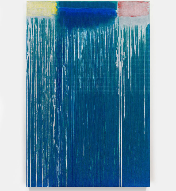 Pat Steir, Blue with Red, Yellow, and Silver, 2024-25. Oil on canvas, 182.9 x 121.9 cm (72 x 48 in). © Pat Steir. Courtesy the artist and Hauser & Wirth. Photo: Elisabeth Bernstein.