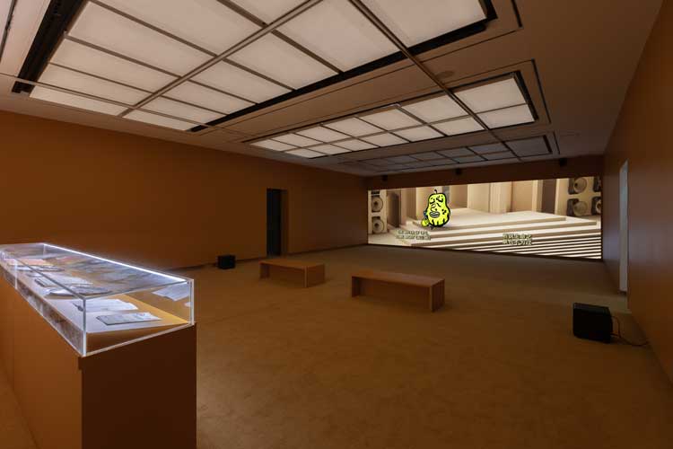 Slavs and Tatars, The Contest of the Fruits, 2021. Animation, 7 min 18 sec (loop). Installation view, Esea Contemporary, Manchester, 2025. Photo: Jules Lister.