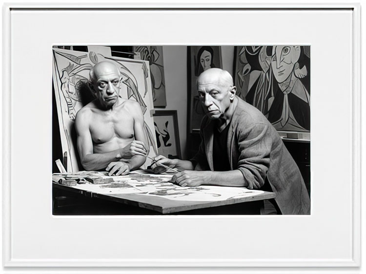 Koen Theys. Pablo Picasso with his Twin Brother in the Studio, 2024 (detail). Pigment ink on archival paper, 180 x 178.5 cm (70.8 x 70.2 in). © the artist.