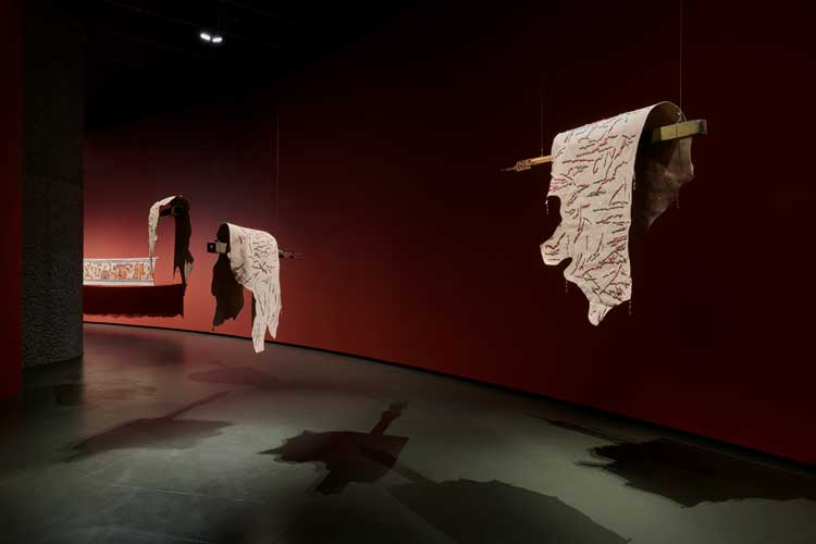 Citra Sasmita: Into Eternal Land, installation view, Barbican Curve, London 2025. Photo © Jo Underhill and Barbican.