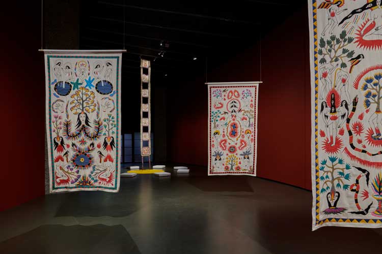 Citra Sasmita: Into Eternal Land, installation view, Barbican Curve, London 2025. Photo © Jo Underhill and Barbican.