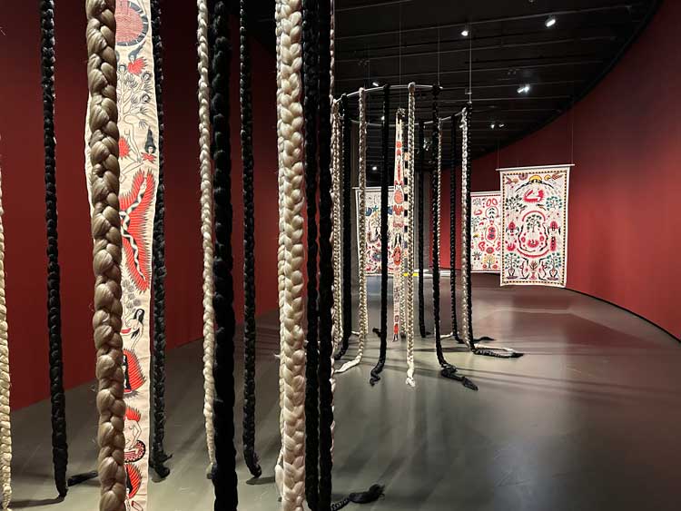 Citra Sasmita: Into Eternal Land, installation view, Barbican Curve, London 2025. Photo: Martin Kennedy.