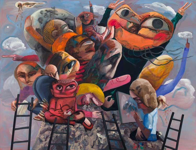 Dana Schutz. Mountain Group, 2018. Oil on canvas, 304.8 x 396.2 cm (120 x 156 in). Courtesy of the artist, David Zwirner, Thomas Dane Gallery and CFA Berlin. Photo: Jason Mandella.