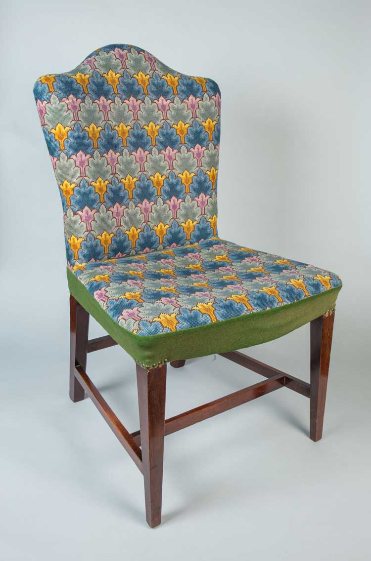 Mahogany chair with tent-stitch and green velvet upholstering from Drum Castle, 1860s. © The National Trust for Scotland.