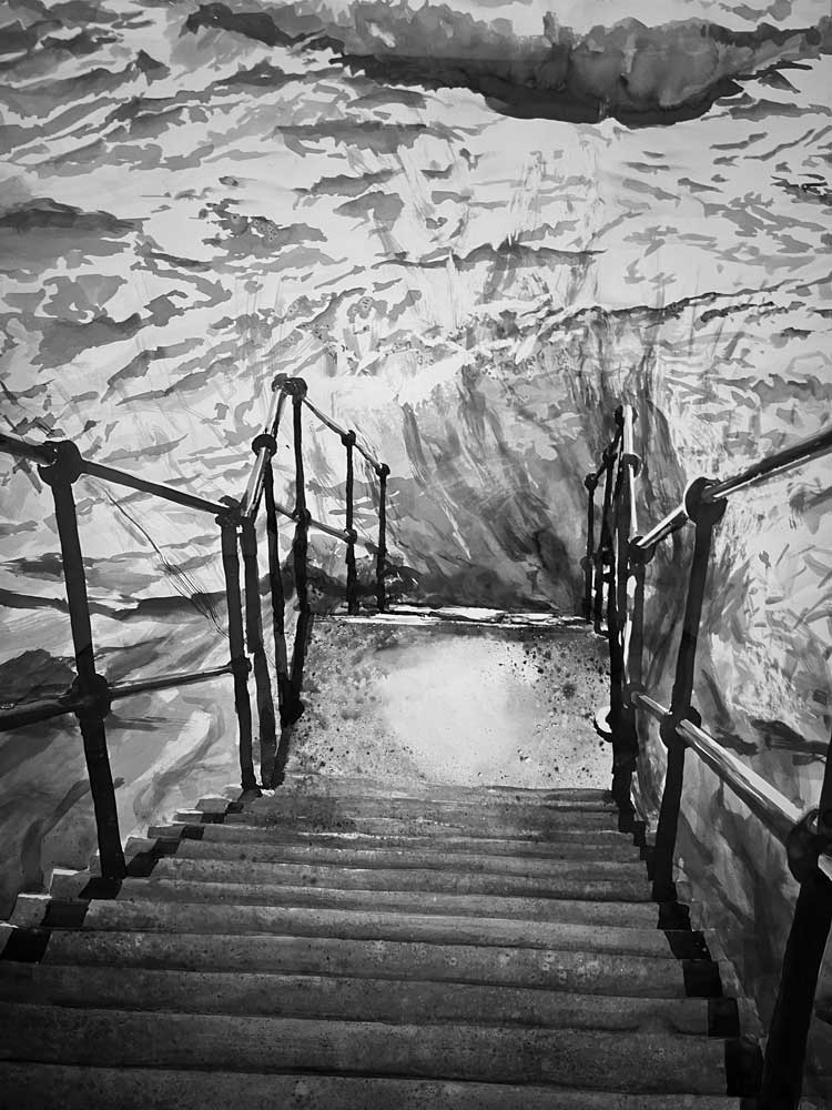 Emma Stibbon. Hope Gap, 2022 (detail). Ink and sea salt, 225 x 141 cm. Installation view, Towner Eastbourne, 2024. Photo: Veronica Simpson.
