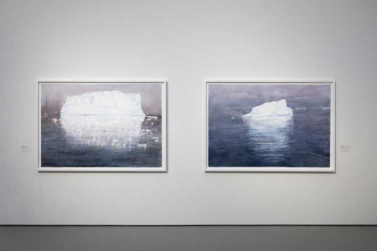 Two large scale iceberg drawings from 2023. Installation view, Emma Stibbon: Melting Ice | Rising Tides, Towner Eastbourne, 2024. Photo: Rob Harris.