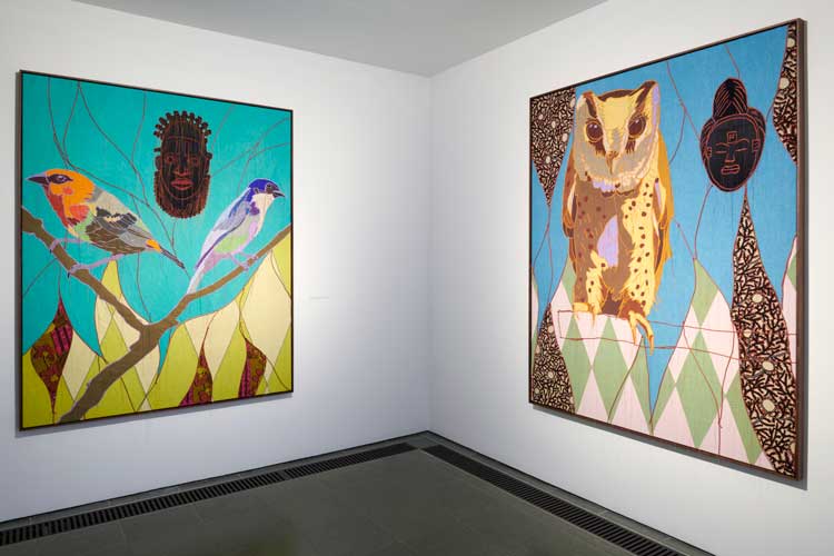 African Bird Magic (2023) quilt series, installation view, Yinka Shonibare CBE: Suspended States, Serpentine South, 2024. © Yinka Shonibare CBE 2024. Photo: © Jo Underhill. Courtesy Yinka Shonibare CBE and Serpentine.
