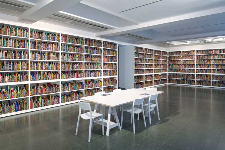 The War Library. Installation view, Yinka Shonibare CBE: Suspended States, Serpentine South, 2024. © Yinka Shonibare CBE 2024. Photo: © Jo Underhill. Courtesy Yinka Shonibare CBE and Serpentine.