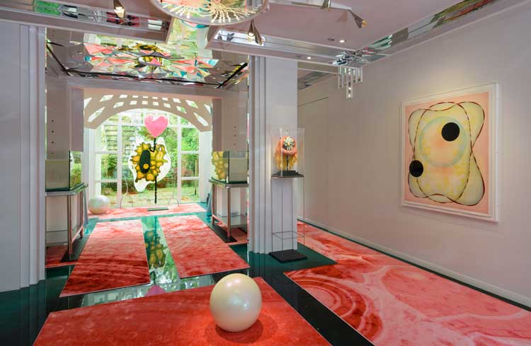 Tai Shani, The World to Me Was a Secret: Caesious, Zinnober, Celadon, and Virescent, 2024, installation view. Photo: Thierry Bal, courtesy of the Jencks Foundation at The Cosmic House.