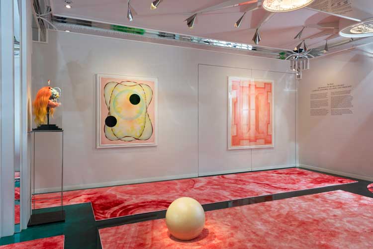 Tai Shani, The World to Me Was a Secret: Caesious, Zinnober, Celadon, and Virescent, 2024, installation view. Photo: Thierry Bal, courtesy of the Jencks Foundation at The Cosmic House.