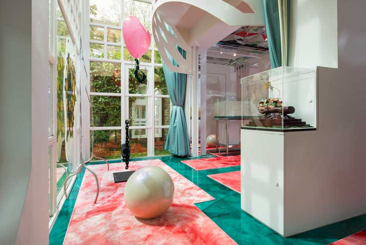 Tai Shani, The World to Me Was a Secret: Caesious, Zinnober, Celadon, and Virescent, 2024, installation view. Photo: Thierry Bal, courtesy of the Jencks Foundation at The Cosmic House.
