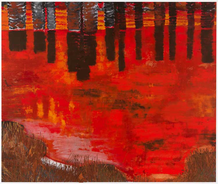 Mohammed Sami, Under the Palm Trees, 2023. Mixed media on linen, 290 x 344.5 cm
(114 1/8 x 135 5/8 in). Photo: Marcus Leith. Courtesy the artist, Modern Art, London and Luhring Augustine, New York.