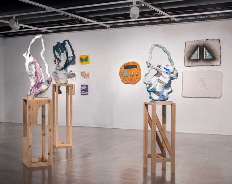 Eleanna Anagnos and Alexis Granwell: Shift. Breathe. Expand. Painting in Space, installation view, Amelie A Wallace Gallery, SUNY College at Old Westbury, New York, 2023. Photo: Ryan Collerd Studio.