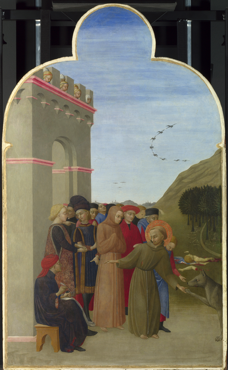 Sassetta. San Sepolcro Altarpiece. The Wolf of Gubbio, 1437-44. Egg tempera on poplar, 87 x 52.4 cm. © The National Gallery, London.