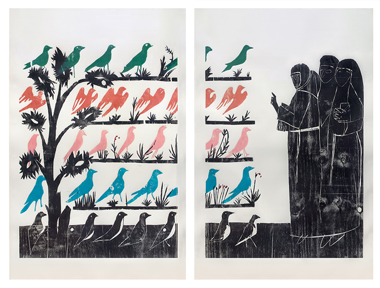 Andrea Büttner. Vogelpredigt (Sermon to the Birds), 2010. Woodcut on paper, 180 x 240 cm. Private collection. © Andrea Büttner. DACS 2023.