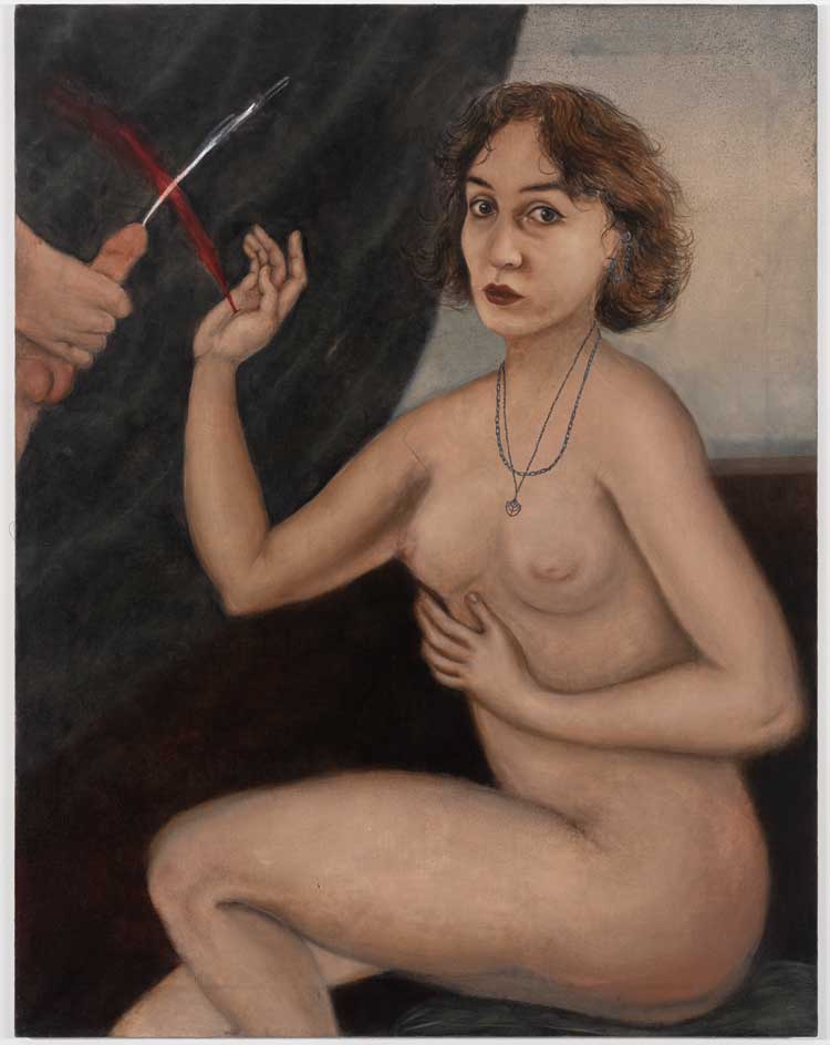 Agata Słowak, Autoportret z krzyżowaniem spermy i krwi (Self-portrait with Sperm and Blood Crossing), 2023. Oil on canvas, 35 3/8 x 27 1/2 in (90 x 70 cm). Courtesy of the artist, Foksal Gallery Foundation, Warsaw, and Fortnight Institute, New York.