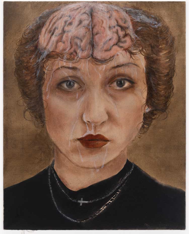 Agata Słowak, Sperma zalała mózg (Sperm Flooded the Brain), 2023. Oil on canvas, 19 3/4 x 15 3/4 in (50 x 40 cm). Courtesy of the artist, Foksal Gallery Foundation, Warsaw, and Fortnight Institute, New York.