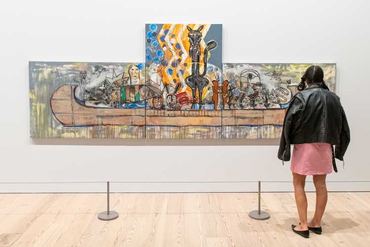 Jaune Quick-to-See Smith, Trade Canoe: Forty Days and Forty Nights, 2015. Installation view, Jaune Quick-to-See Smith: Memory Map, Whitney Museum of American Art, New York, 19 April – 13 August 2023. Photo: Matthew Carasella.