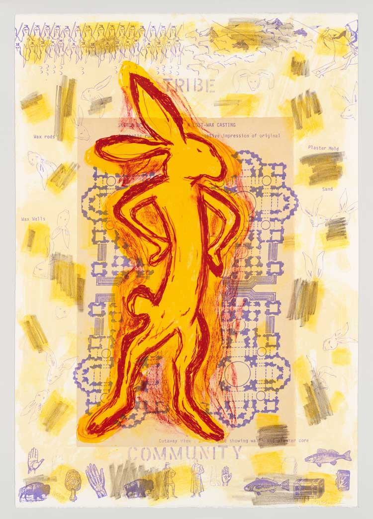 Jaune Quick-to-See Smith, Survival Suite: Wisdom / Knowledge, 1996. Lithograph with chine collé, 36 1/16 × 24 7/8 in (91.6 × 63.2 cm). Printed by Lawrence Lithography Workshop; published by Zanatta Editions. Whitney Museum of American Art, New York; gift of Joe and Barb Zanatta Family in honor of Jaune Quick-to-See Smith 2003.28.1. © Jaune Quick-to-See Smith.