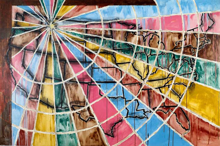 Jaune Quick-to-See Smith, Homeland, 2017. Oil and acrylic on canvas, 48 1/4 x 72 1/8 in (122.6 x 183.2 cm). Buffalo AKG Art Museum, New York; bequest of John Mortimer Schiff by exchange 2018:12. © Jaune Quick-to-See Smith. Photo: Tom Loonan and Brenda Bieger for Buffalo AKG Art Museum.