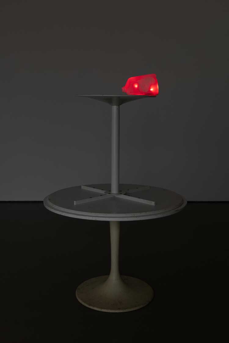 Michael E Smith, Untitled, 2023. Tables, milk jug, LEDs. Installation view, Henry Moore Institute, Leeds.