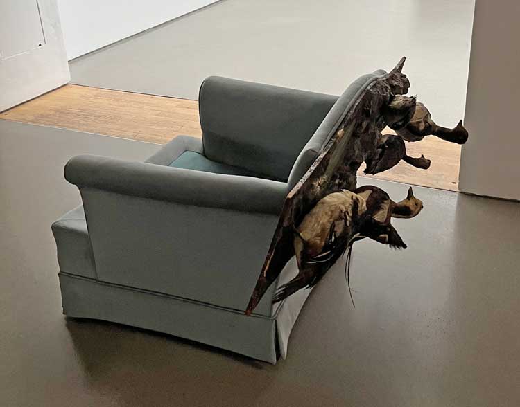 Michael E Smith, Untitled, 2023. Chair, ducks. Installation view, Henry Moore Institute, Leeds. Photo: Veronica Simpson.