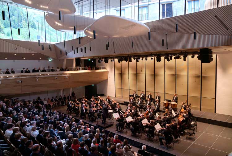 The Berlin Philharmonic playing at the opening of the Andermatt Concert Hall, Switzerland, 2019. Photo: M Rittershaus.