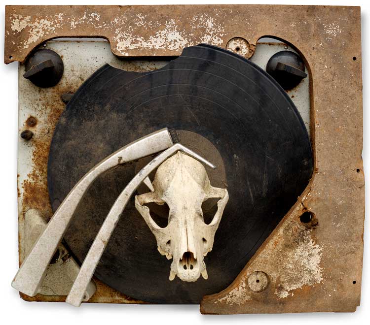 Lonnie Holley, Keeping a Record of It (Harmful Music), 1986. Salvaged phonograph top, phonograph record, animal skull, 34.9 x 40 cm. Souls Grown Deep Foundation, Atlanta. © 2023 Lonnie Holley / Artists Rights Society (ARS), New York / DACS, London. Photo: Stephen Pitkin/Pitkin Studio.