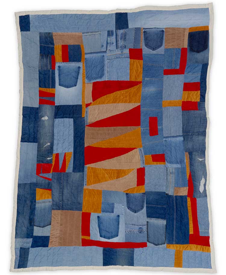 Marlene Bennett Jones, Triangles, 2021. Denim, corduroy, and cotton, 205.7 x 157.5 cm. Souls Grown Deep Foundation, Atlanta. © 2023 Marlene Bennett Jones / Artists Rights Society (ARS), New York / DACS, London. Photo: Stephen Pitkin/Pitkin Studio.