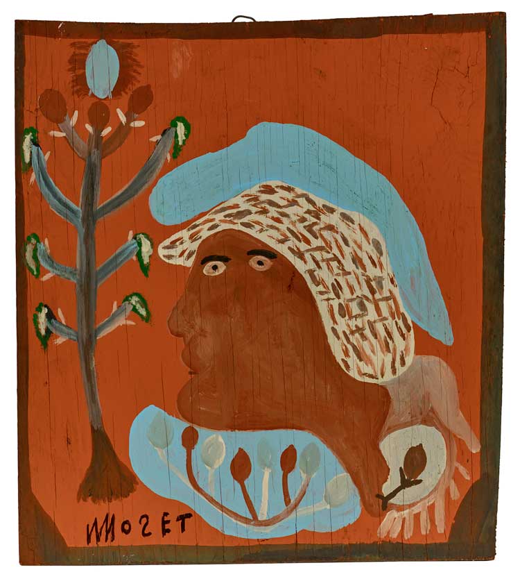 Mose Tolliver, Mary, 1986. Housepaint on wood, 50.8 x 45.7 cm. Souls Grown Deep Foundation, Atlanta. © Estate of Mose Tolliver / DACS 2022. Photo: Stephen Pitkin/Pitkin Studio.