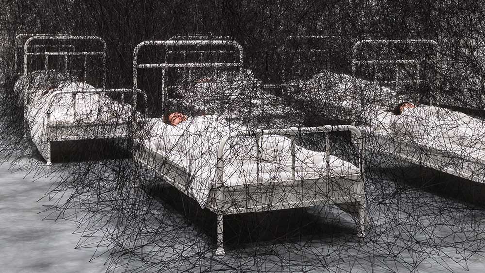 During Sleep, 2026, installation view, Chiharu Shiota: Threads of Life. Photo: Mark Blower. Courtesy of the Hayward Gallery. © DACS, London, 2026 and Chiharu Shiota.