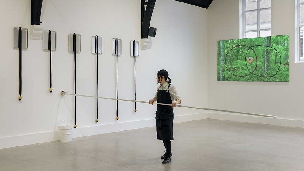 Aki Sasamoto, Grilled Diagrams, 2026. Installation view, Studio Voltaire, 2026. Commissioned and produced by Studio Voltaire. Image courtesy of the artist, Bortolami Gallery, Take Ninagawa and Studio Voltaire. The film Do Nut Diagram is courtesy Akeroyd Collection, the Time-Based media facet of the Shane Akeroyd Collection. Photo Sarah Rainer.