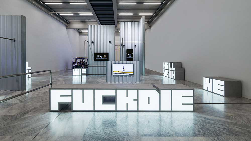 Hito Steyerl, Hell Yeah We Fuck Die, 2016. Video installation (Edition 6/7). Installation view, Hito Steyerl: Humanity Had the Bullet Go In Through One Ear and Out Through the Other, 2025. MAK Contemporary © kunst-dokumentation.com / MAK.