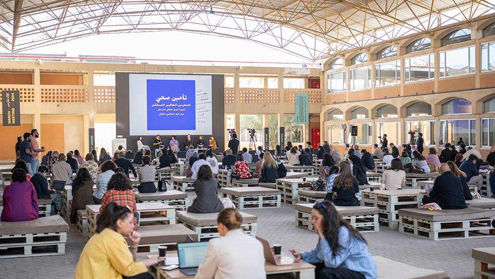 Sharjah Biennial 16 co-curator and independent curator Zeynep Öz moderating the panel, titled Towards Counter-Hegemonic Infrastructures, with Yazan Khalili, Lara Khaldi (The Question of Funding); Joachim Hamou, Nabila Saidi (Trampoline House); Leah Gordon (Ghetto Biennale) at March Meeting. Sharjah Art Foundation, 2024. Photo: Motaz Mawid.