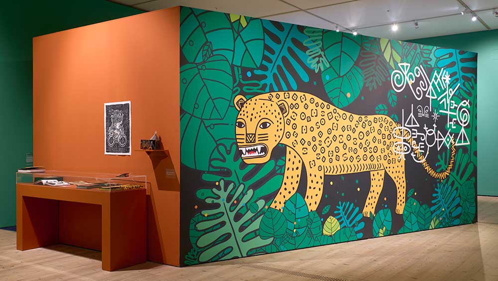 Mural by Denilson Baniwa, exhibition view, Stepping Softly on the Earth, Baltic Centre for Contemporary Art, Gateshead. Photo: John McKenzie. @Baltic Centre for Contemporary Art.
