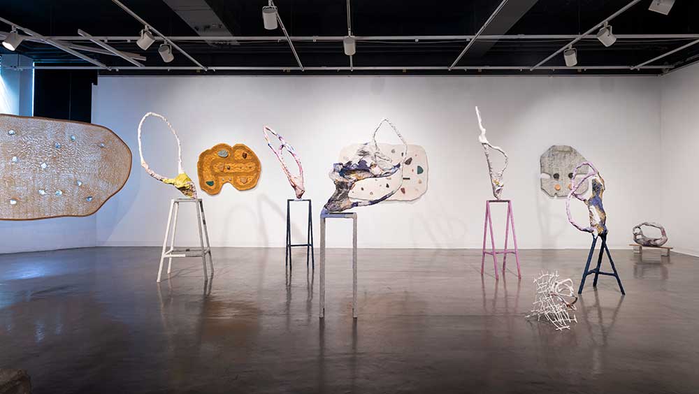 Eleanna Anagnos and Alexis Granwell: Shift. Breathe. Expand. Painting in Space, installation view, Amelie A Wallace Gallery, SUNY College at Old Westbury, New York, 2023. Photo: Ryan Collerd Studio.