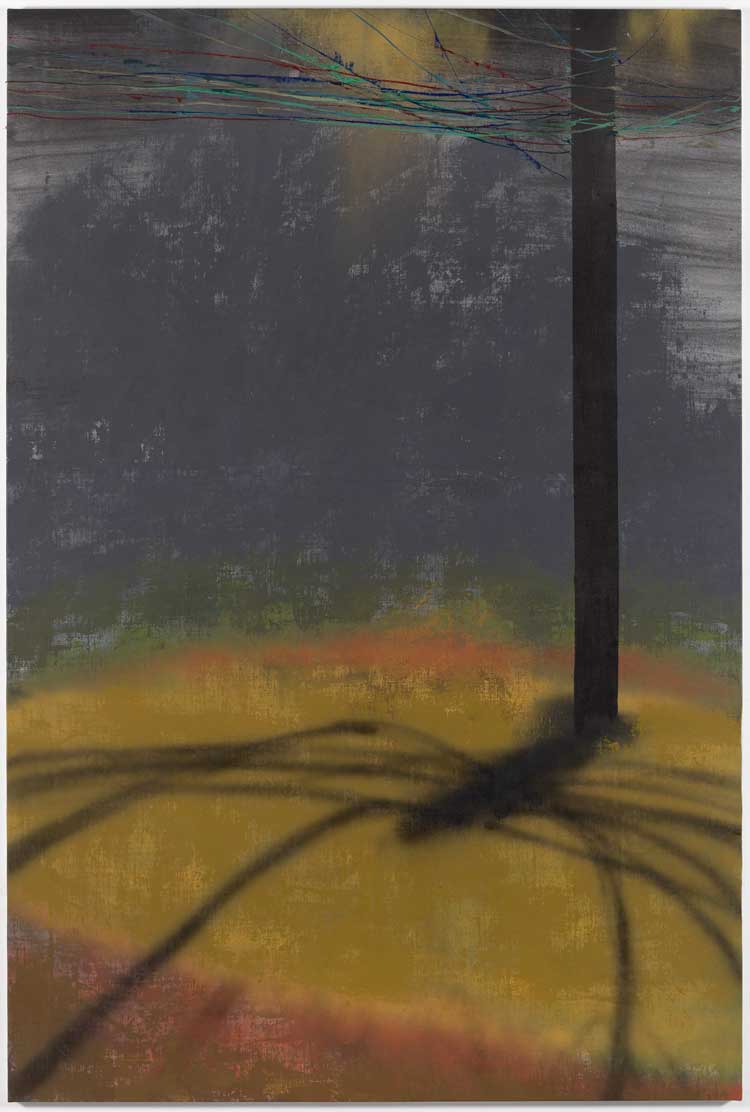 Mohammed Sami. Electric Issues, 2022. Mixed media on linen, 224.5 x 155 cm. Courtesy of the artist, Modern Art London and Luhring Augustine New York.