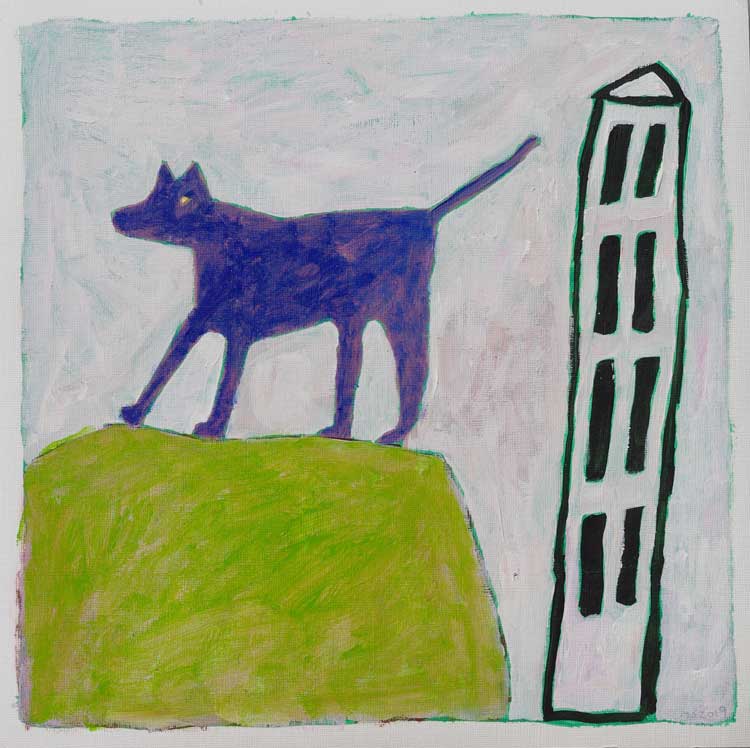Marina Strocchi, Tower and dog, 2019. Acrylic on paper, 33 x 33 cm. © the artist.