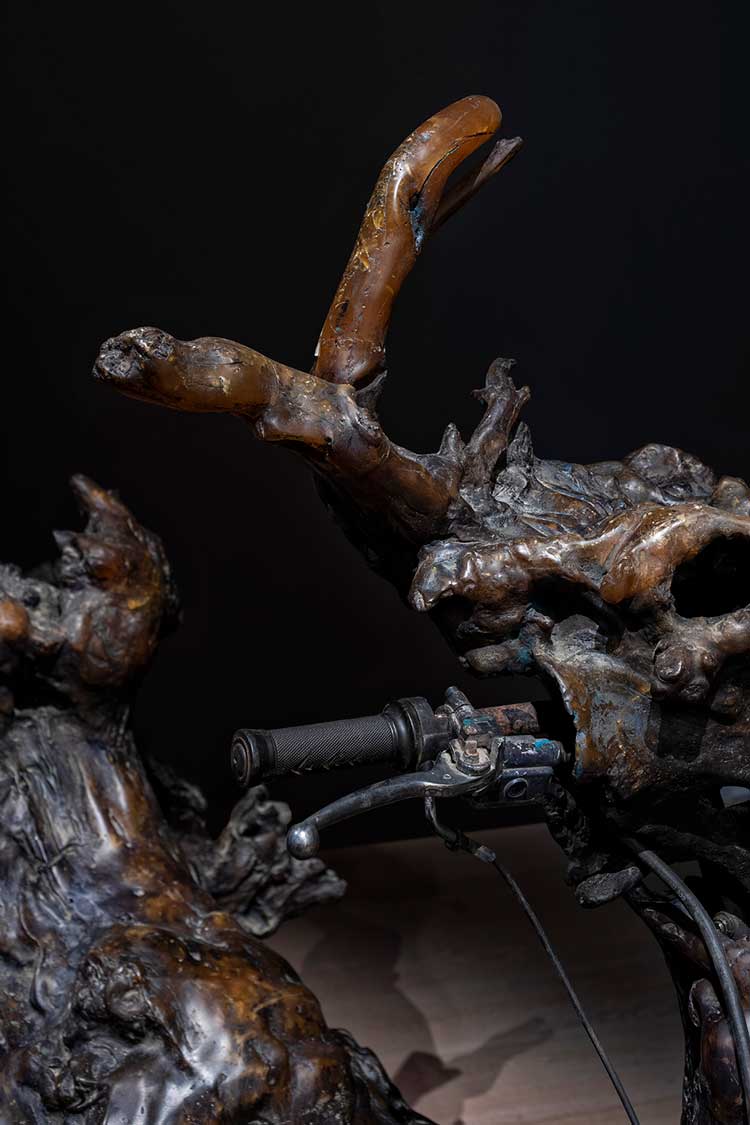 Shi Jinsong. Let's Go, 2013 (detail). Motorcycle, industrial waste, resin
106 x 39 x 63 in. Installation view, SCAD Museum of Art. Photo courtesy SCAD Museum of Art.