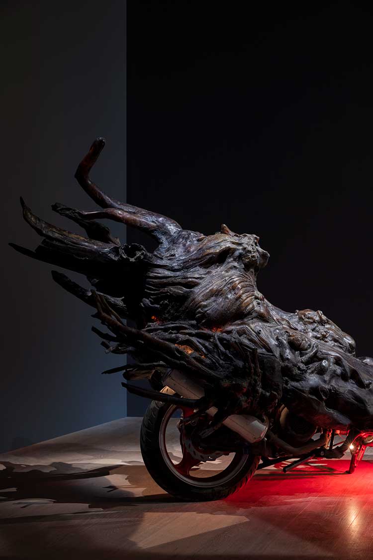 Shi Jinsong. Let's Go, 2013 (detail). Motorcycle, industrial waste, resin
106 x 39 x 63 in. Installation view, SCAD Museum of Art. Photo courtesy SCAD Museum of Art.