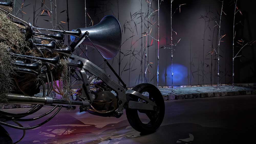 Shi Jinsong. Go Ahead NO.1, 2016 (detail). Trunk, motorcycle, audio and lighting, 161 3/8 x 35 1/2 x 54 3/4 in. Installation view, SCAD Museum of Art. Photo courtesy SCAD Museum of Art.
