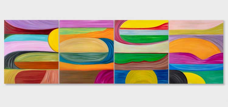 Marina Perez Simão. Untitled, 2022. Oil on linen, 78-3/4 × 66-7/8 in (200 cm × 169.9 cm) each, 78-3/4 × 280-5/16 (200 cm × 712 cm) overall. © Marina Perez Simão, courtesy Pace Gallery and Mendes Wood DM. Photo: Everton Balardin.