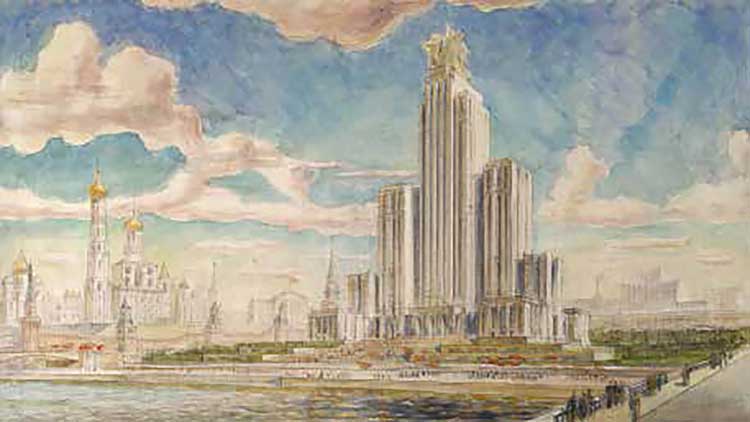 Iofan’s unsuccessful design of an office tower on the Zaradye, a prominent site on the river front next to Red Square, in the late 1940s. © Tchoban Foundation, Museum of Architectural Drawing, Berlin.