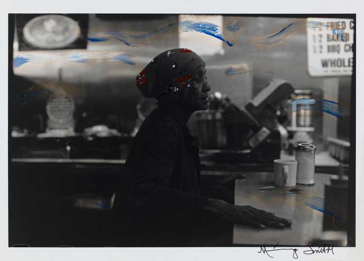 Ming Smith, Untitled (painted). Oil paint on vintage silver gelatin print, unique, 27.8 x 35.3 cm, 11 x 14 in. Image courtesy the artist and Pippy Houldsworth Gallery, London. © Ming Smith 2022.