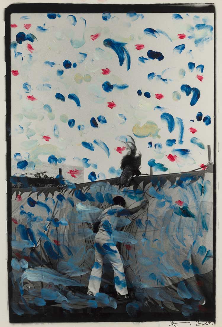 Ming Smith, Setting the Stage, Harlem, New York (painted). Oil paint on vintage silver gelatin print, unique, 50.5 x 40.7 cm (20 x 16 in). Image courtesy the artist and Pippy Houldsworth Gallery, London. © Ming Smith 2022.