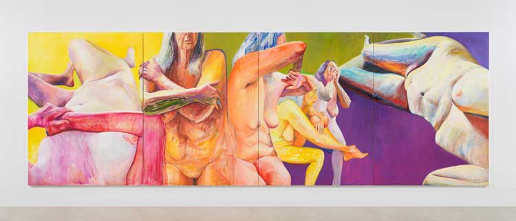 Joan Semmel, Skin in the Game, 2019. Oil on canvas in four parts, 96 x 288 in overall (243.84 x 731.52 cm overall).