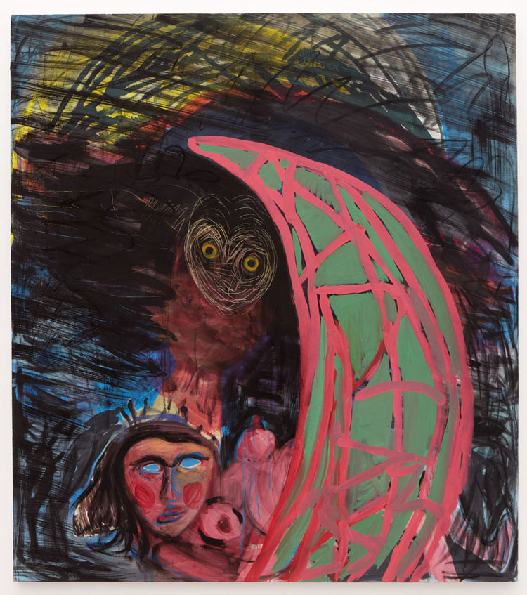 Lucy Stein, Erotic encounters South West, 2020. Acrylic, oil, charcoal on canvas. Installation view, Wet Room, Spike Island, Bristol. Courtesy the artist and Galerie Gregor Staiger, Zurich. Photo: Max McClure.